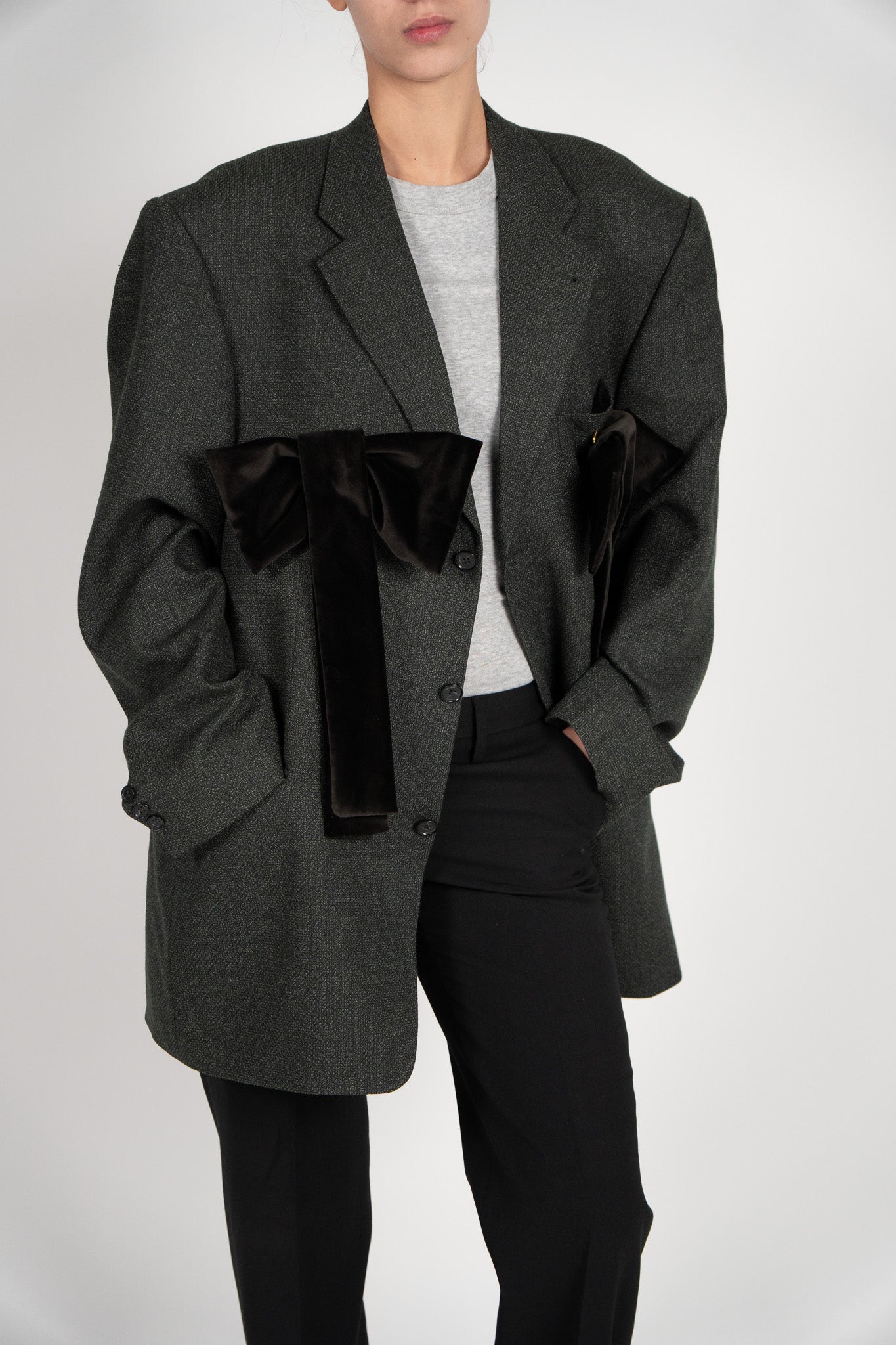 Sacou Oversize din Lână "Charcoal" cu Funde Catifea