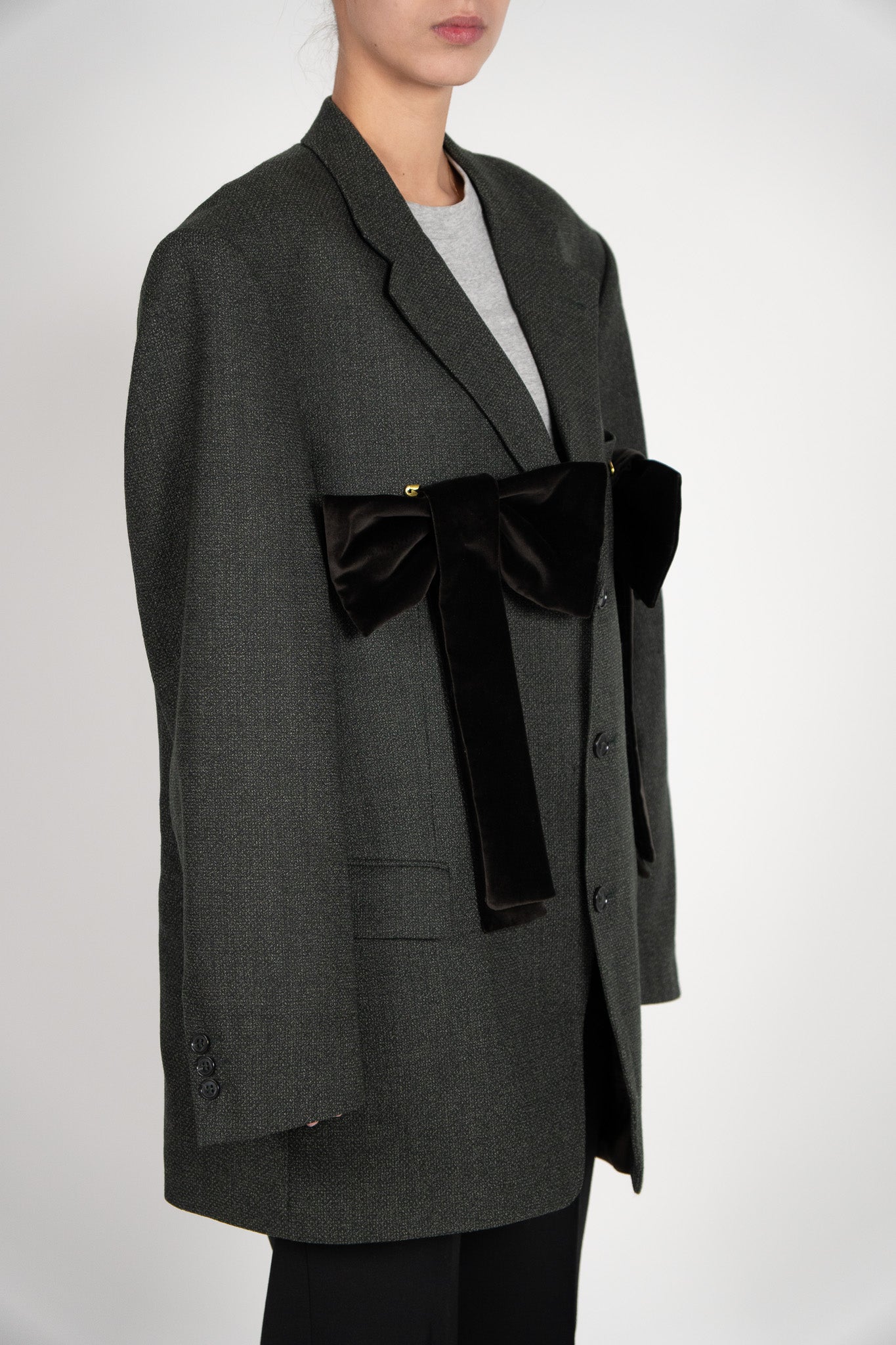 Sacou Oversize din Lână "Charcoal" cu Funde Catifea