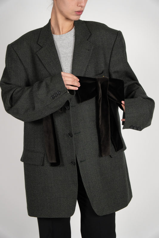 Sacou Oversize din Lână "Charcoal" cu Funde Catifea