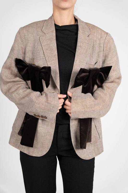 Sacou din In 100% "Herringbone" cu Funde din Catifea