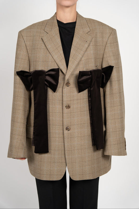 Sacou Camel "Windowpane" – Lână Virgină & Funde Catifea