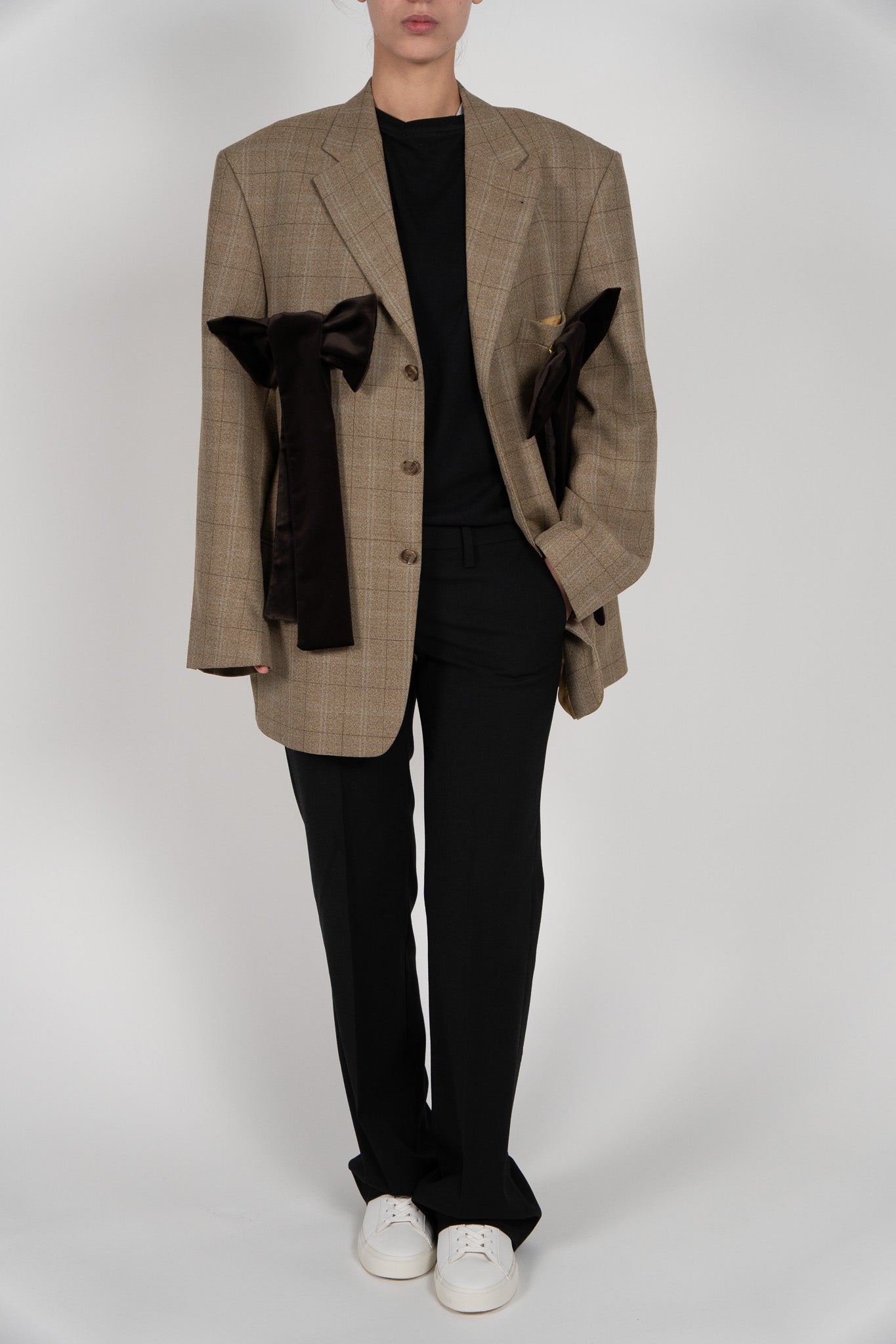 Sacou Camel "Windowpane" – Lână Virgină & Funde Catifea