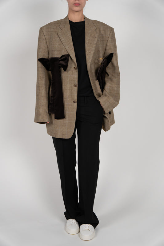 Sacou Camel "Windowpane" – Lână Virgină & Funde Catifea